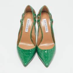 Pre Owned Aquazzura Green Croc Embossed Patent Leather Fenix Pumps Size 38