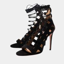 Aquazzura Black Suede Amazon Lace Up Open Toe Sandals Size 38.5