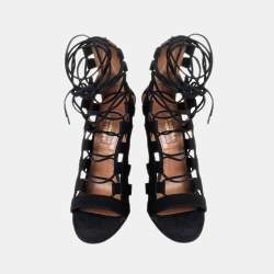 Aquazzura Black Suede Amazon Lace Up Open Toe Sandals Size 38.5