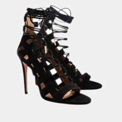 Aquazzura Black Suede Amazon Lace Up Open Toe Sandals Size 38.5