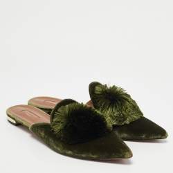 Pre Owned Aquazzura Green Velvet Powder Puff Mules Size 41