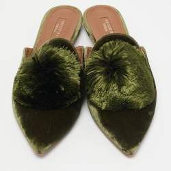 Pre Owned Aquazzura Green Velvet Powder Puff Mules Size 41