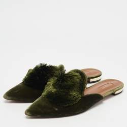 Pre Owned Aquazzura Green Velvet Powder Puff Mules Size 41