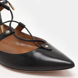 Aquazzura Black Leather Christy Lace Up Ballet Flats Size 38