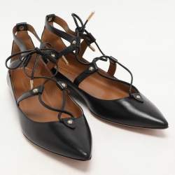 Aquazzura Black Leather Christy Lace Up Ballet Flats Size 38