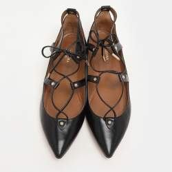 Aquazzura Black Leather Christy Lace Up Ballet Flats Size 38