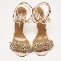 Aquazzura Peach Suede Monaco Embellished Ankle Wrap Sandals Size 36