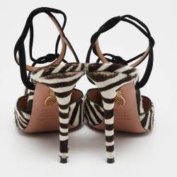 Pre Owned Aquazzura Cream/Brown Calf Hair Pointed Toe Ankle Tie Pumps Size 36