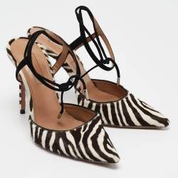 Pre Owned Aquazzura Cream/Brown Calf Hair Pointed Toe Ankle Tie Pumps Size 36