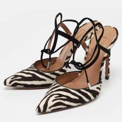 Pre Owned Aquazzura Cream/Brown Calf Hair Pointed Toe Ankle Tie Pumps Size 36