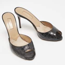 Pre Owned Aquazzura Black Croc Embossed Leather Mules Size 36