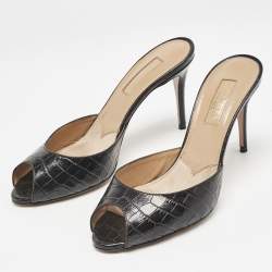 Pre Owned Aquazzura Black Croc Embossed Leather Mules Size 36