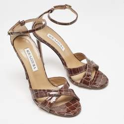 Pre Owned Aquazzura Brown Croc Embossed Patent Leather Ankle Strap Sandals Size 36