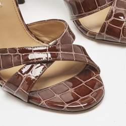 Pre Owned Aquazzura Brown Croc Embossed Patent Leather Ankle Strap Sandals Size 36
