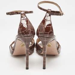 Pre Owned Aquazzura Brown Croc Embossed Patent Leather Ankle Strap Sandals Size 36