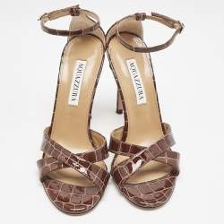 Pre Owned Aquazzura Brown Croc Embossed Patent Leather Ankle Strap Sandals Size 36
