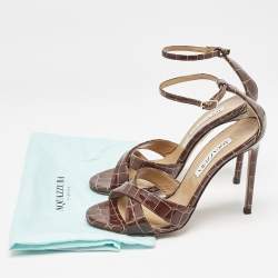 Pre Owned Aquazzura Brown Croc Embossed Patent Leather Ankle Strap Sandals Size 36