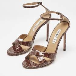 Pre Owned Aquazzura Brown Croc Embossed Patent Leather Ankle Strap Sandals Size 36