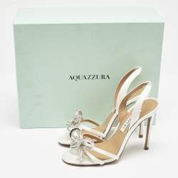 Pre Owned Aquazzura White Satin Bow Embellished Babe Slingback Sandals Size 36