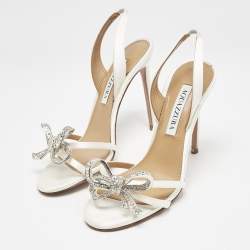 Pre Owned Aquazzura White Satin Bow Embellished Babe Slingback Sandals Size 36