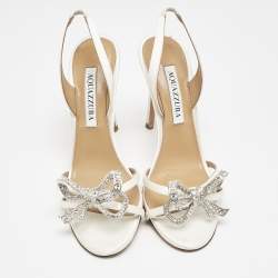 Pre Owned Aquazzura White Satin Bow Embellished Babe Slingback Sandals Size 36