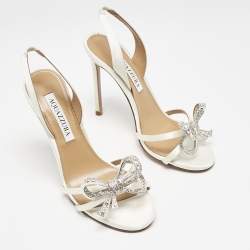 Pre Owned Aquazzura White Satin Bow Embellished Babe Slingback Sandals Size 36