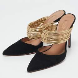 Pre Owned Aquazzura Black/Gold Suede and Leather Rendez Vous Mules Size 37.5