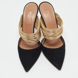 Pre Owned Aquazzura Black/Gold Suede and Leather Rendez Vous Mules Size 37.5