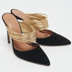 Pre Owned Aquazzura Black/Gold Suede and Leather Rendez Vous Mules Size 37.5