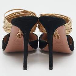 Pre Owned Aquazzura Black/Gold Suede and Leather Rendez Vous Mules Size 37.5