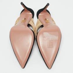 Pre Owned Aquazzura Black/Gold Suede and Leather Rendez Vous Mules Size 37.5