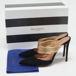 Pre Owned Aquazzura Black/Gold Suede and Leather Rendez Vous Mules Size 37.5