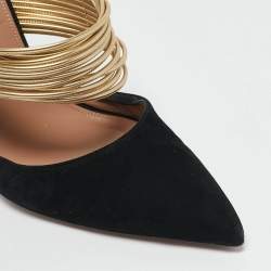 Pre Owned Aquazzura Black/Gold Suede and Leather Rendez Vous Mules Size 37.5