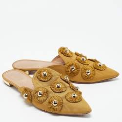 Aquazzura Yellow Fabric Sunflower Pointed Toe Flat Mules Size 38