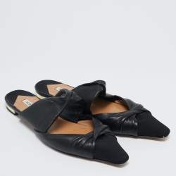 Aquazzura Black Leather and Canvas Mondaine Flat Mules Size 38