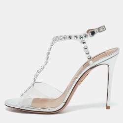 Aquazzura Transparent PVC and Leather Crystal Embellished Shine Sandals Size 39