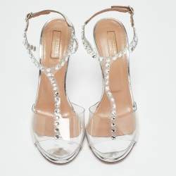 Aquazzura Transparent PVC and Leather Crystal Embellished Shine Sandals Size 39