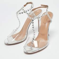 Aquazzura Transparent PVC and Leather Crystal Embellished Shine Sandals Size 39
