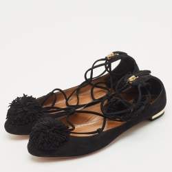 Aquazzura Black Suede Sunshine Ankle Tie Flats Size 37