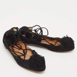 Aquazzura Black Suede Sunshine Ankle Tie Flats Size 37