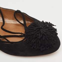 Aquazzura Black Suede Sunshine Ankle Tie Flats Size 37
