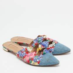 Aquazzura Multicolor Floral Fabric and Denim Mondaine Flat Mules Size 39