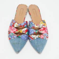 Aquazzura Multicolor Floral Fabric and Denim Mondaine Flat Mules Size 39