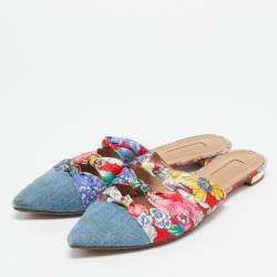 Aquazzura Multicolor Floral Fabric and Denim Mondaine Flat Mules Size 39