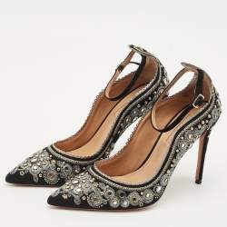 Aquazzura Black Suede Embroidered Jaipur Pointed Toe Ankle Strap Pumps Size 37