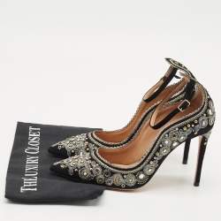 Aquazzura Black Suede Embroidered Jaipur Pointed Toe Ankle Strap Pumps Size 37