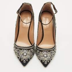 Aquazzura Black Suede Embroidered Jaipur Pointed Toe Ankle Strap Pumps Size 37