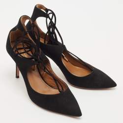 Pre Owned Aquazzura Black Suede Christy Pointed Toe Ankle Wrap Pumps Size 37
