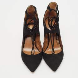 Pre Owned Aquazzura Black Suede Christy Pointed Toe Ankle Wrap Pumps Size 37