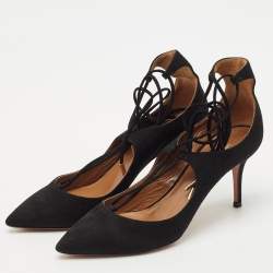 Pre Owned Aquazzura Black Suede Christy Pointed Toe Ankle Wrap Pumps Size 37